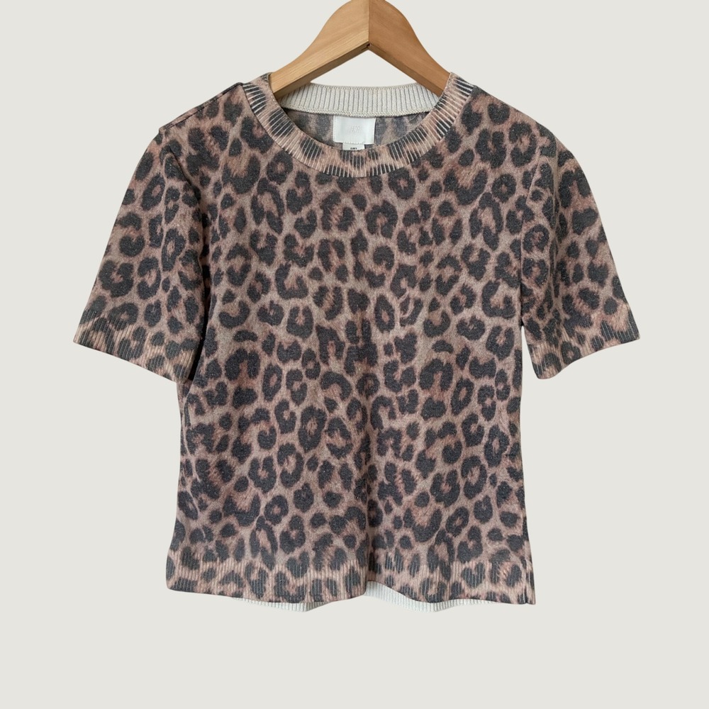 HM Brown Leopard Print Short Sleeve Knit Sweater Crew Neck Small Minimalist
